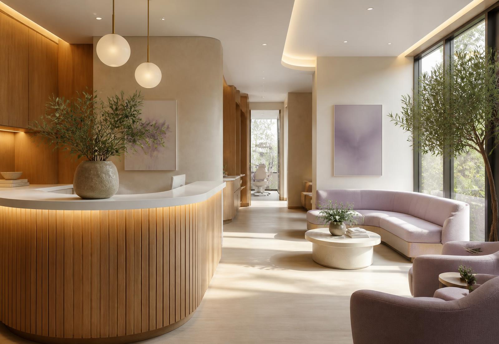 Reception area of a Family Braces clinic with warm oak millwork and soft lilac seating