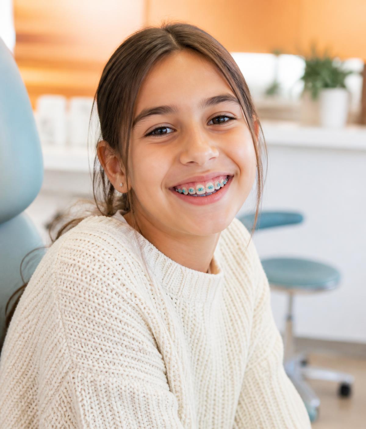 A smiling child with colourful braces in a bright clinic